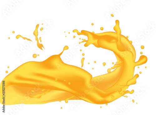 Yellow orange juice 3d illustration mango, peach, apricot, nectarine, apple. Pouring flowing wave splash for packaging template.