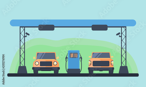Gas station. The process of refueling vehicle. Vector flat illustration.