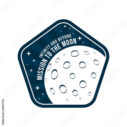 Space badge with moon and crater texture in view from the the space. Vintage astronaut label or patch for embroidery in space concept. T-shirt graphic, emblem and logo design
