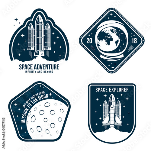 Space badges with astronaut helmet, rocket launch and moon. Set of vintage astronaut label or patch for embroidery in space concept. T-shirt graphic, emblem and logo design