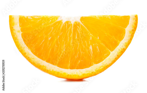 single slice of ripe orange isolated on white background