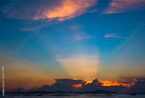 Nice sun ray in twilight sky at sea with Si Chang island