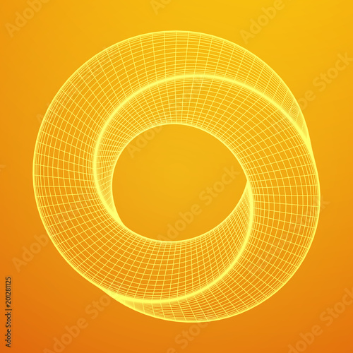 Mobius strip ring sacred geometry. Spatial figure with upturned surfaces. Optical illusion with dual circular contour. Wireframe low poly mesh vector illustration.