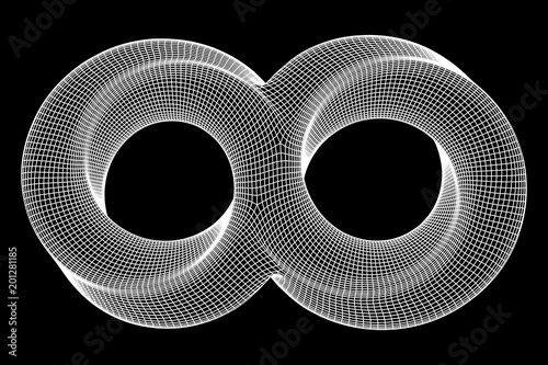 Mobius strip ring infinity sacred geometry. Spatial figure with upturned surfaces. Optical illusion with dual circular contour. Wireframe low poly mesh vector illustration.