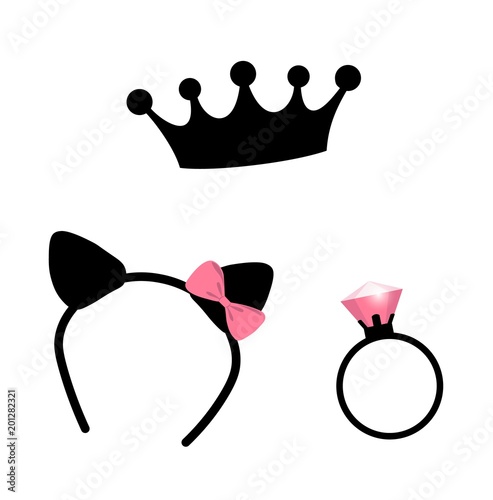 Crown, faux cat ears and a ring, girls party illustrations, vector clip-arts