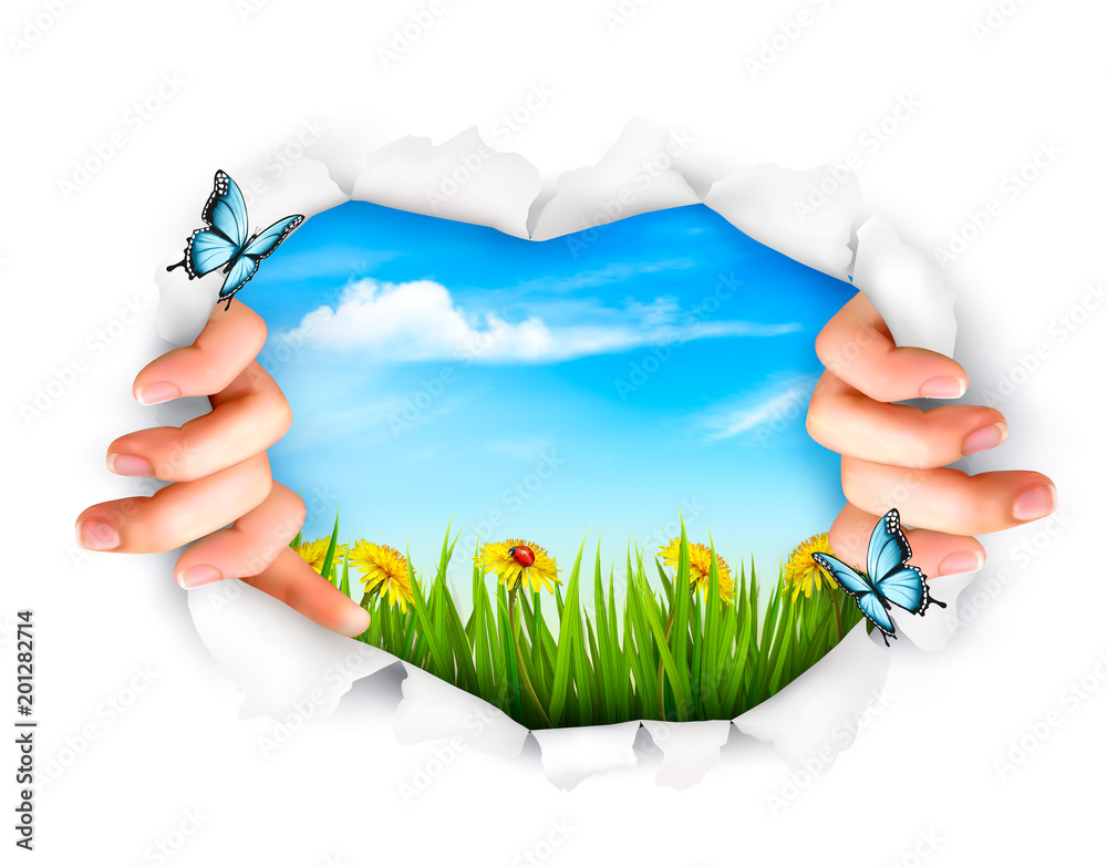 Fototapeta premium Nature background with hands ripping a paper. Vector
