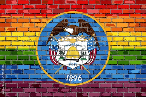 Brick Wall Utah and Gay flags - Illustration,
Rainbow flag on brick textured background, 
Abstract grunge Utah Flag and LGBT flag