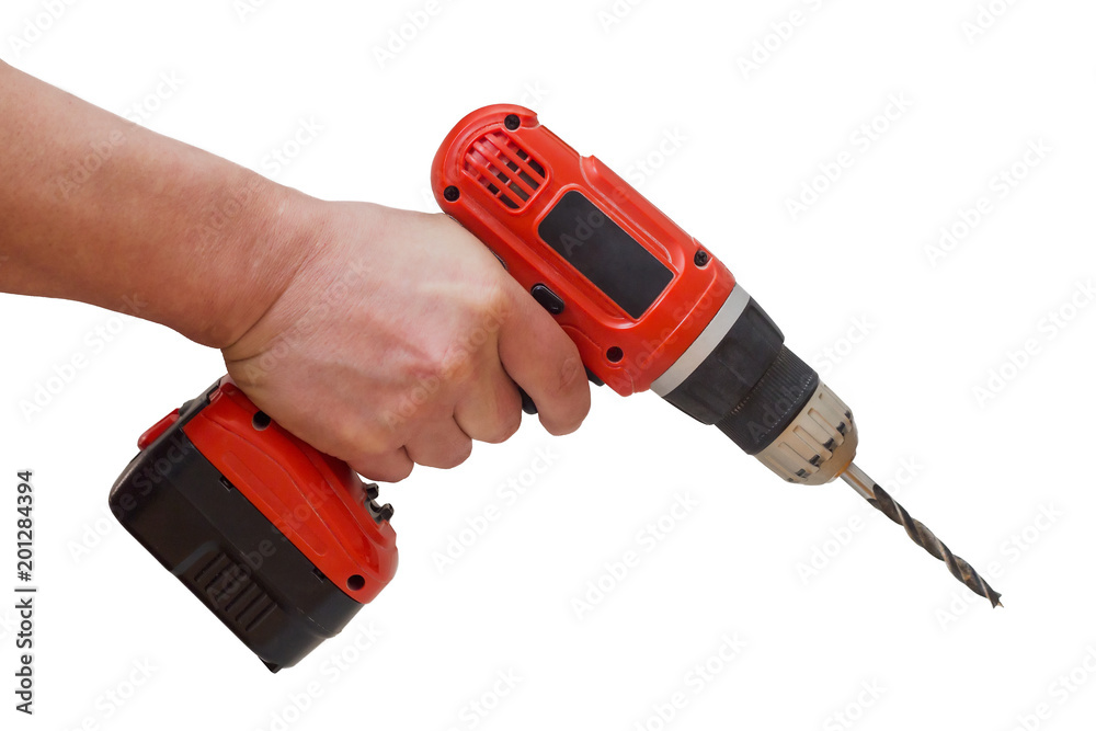 Man's hand with an orange drill