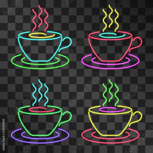 Neon coffee cup and saucer shape vector frame, illuminating signboard isolated on transparent background. Glowing restaurant symbols. Hazy light signboard. Decorative vintage night bar style icon set.