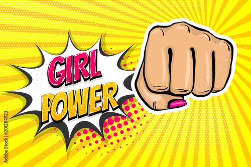 Woman fist - Girl power strong vector illustration. Cartoon pop art style halftone background. Female rights industry. Feminism symbol design. Fight poster protest. Comic book text speech bubble.