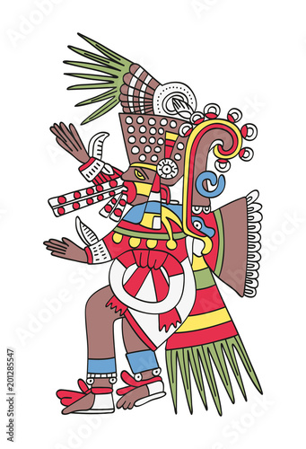 Tezcatlipoca, the Smoking Mirror. God of Magic and Darkness. Twin brother of Quetzalcoatl. Deity as depicted in the antique Aztec manuscript painting, Codex Borbonicus. Illustration over white. Vector