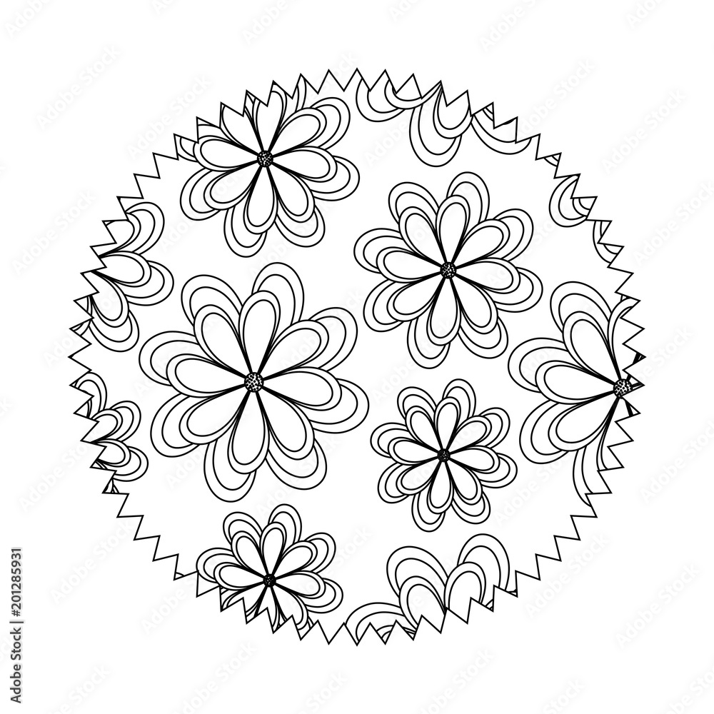 seal stamp with floral design, black and white design. vector illustration