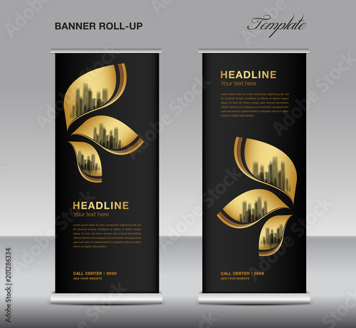 Black and Gold Roll up banner template vector, advertisement, x-banner, poster, pull up design, display, layout , business flyer, web banner, exhibition, stand, presentation, luxurious concept idea