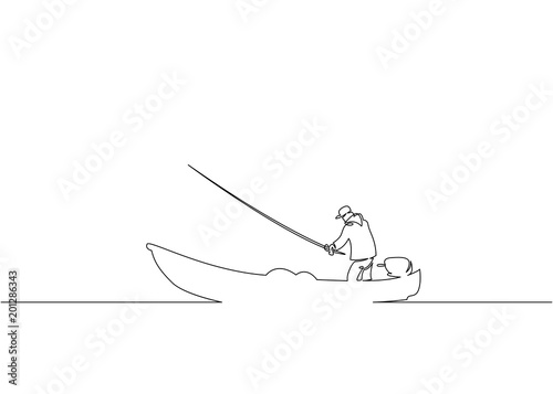 Continuous single drawn one line fisherman in a boat and pier on a fishing trip