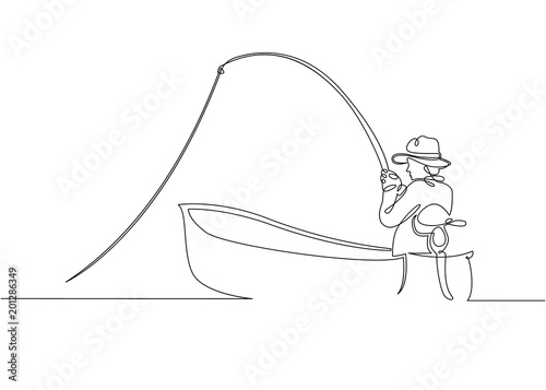 Continuous single drawn one line fisherman in a boat and pier on a fishing trip