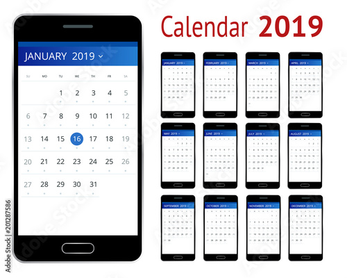 Vector Calendar for 2019 year. Smartphone with a calendar, one month plans. Design print template. Set of 12 calendar pages.