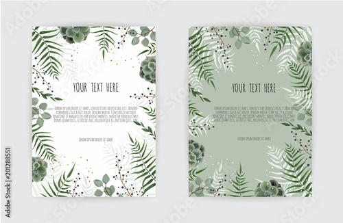 Set of card with green leaf , eucalyptus branches, decorative wreath frame pa...