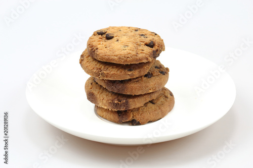 Chocolate chip cookies isolated on white background. Sweet biscuits.