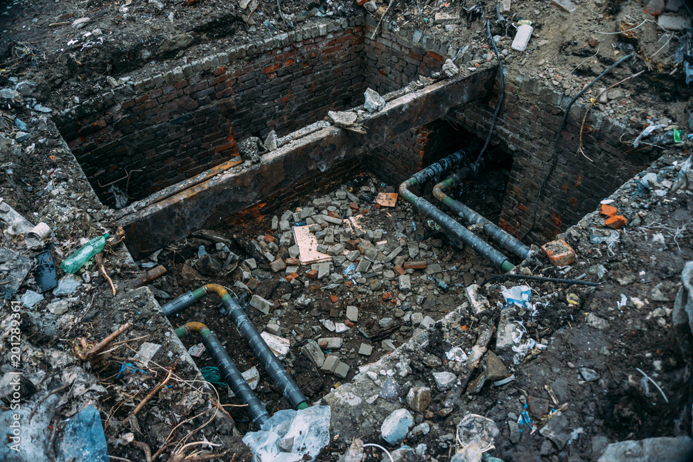 Sewage repair, sewer steel pipes or pipeline in brick box opened for prevention