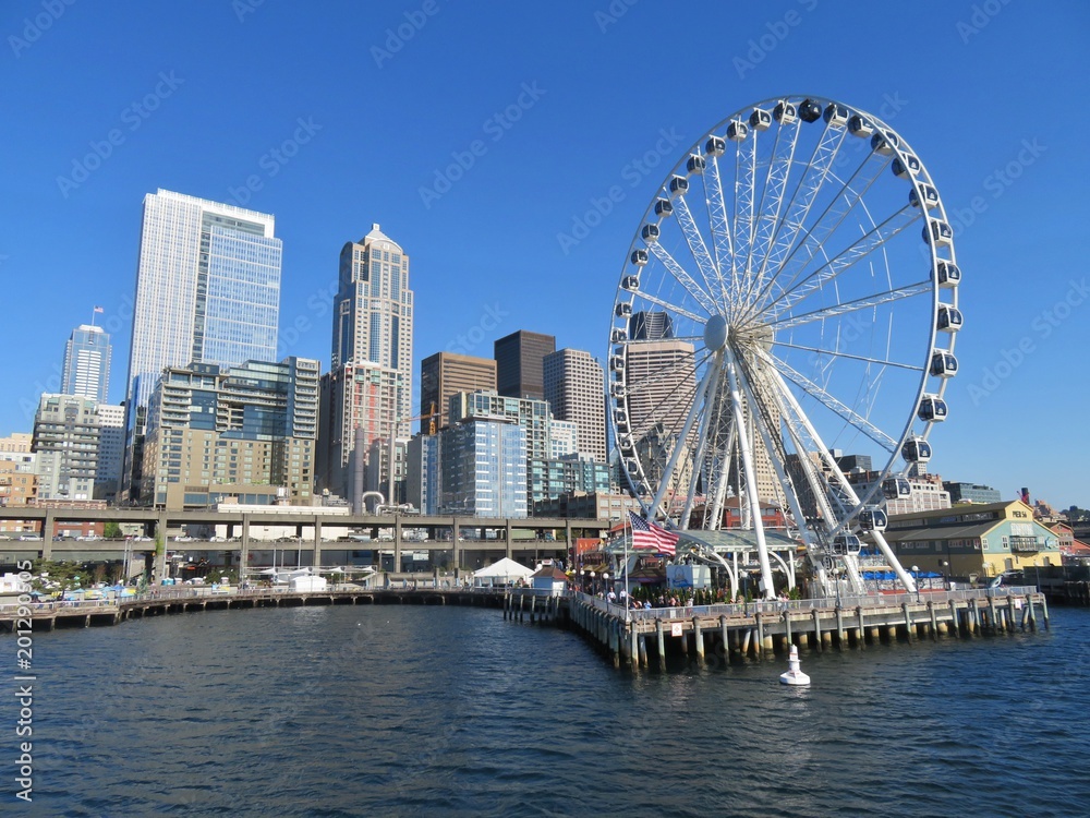 Seattle waterfront and downtown skyline icluding the Great Wheel