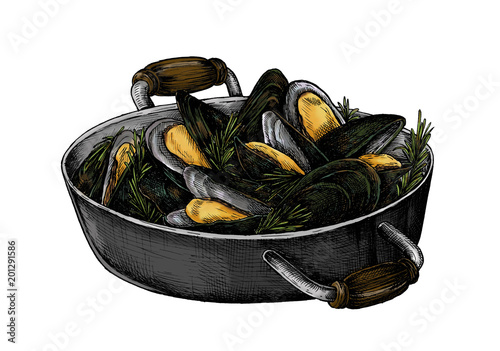 Canvas Print Hand drawn cooked mussels