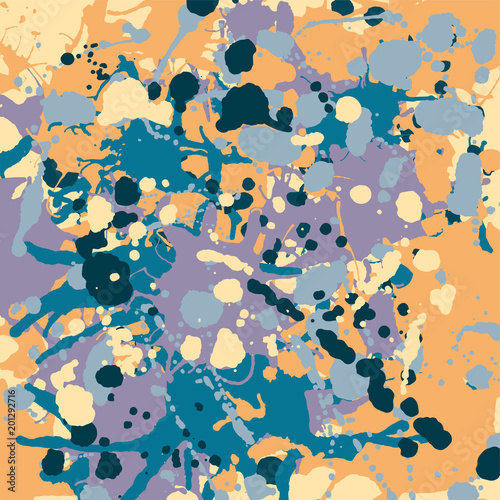 Orange, blue, purple, beige ink splashes camouflage background square