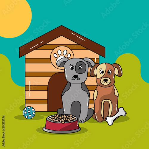 pets dog and cat sitting near wooden house with food bowl and toys vector illustration