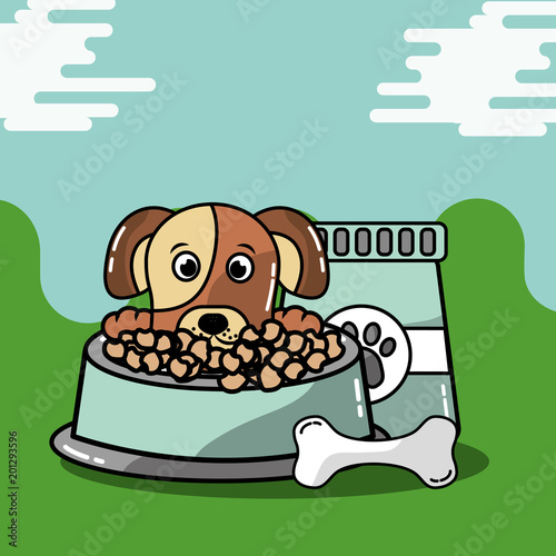 pet animal dog with bag food and bowl bone vector illustration