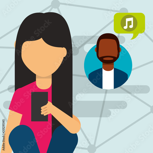 young woman talking man with smartphone social media vector illustration