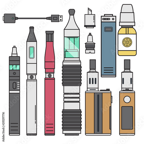 Vape device vector cigarette vaporizer vapor juice vape bottle flavor illustration battery coil electronic nicotine liquid smoking atomizer device e-liquid.