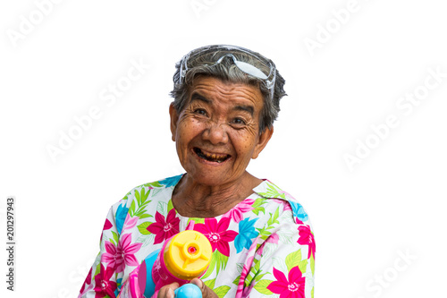 Grandmother playing water in Songkran festival isolated on white background.