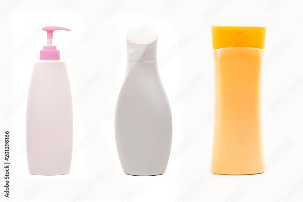 Set of shampoo bottles isolated on white background. Set of shampoo bottles isolated on white background.