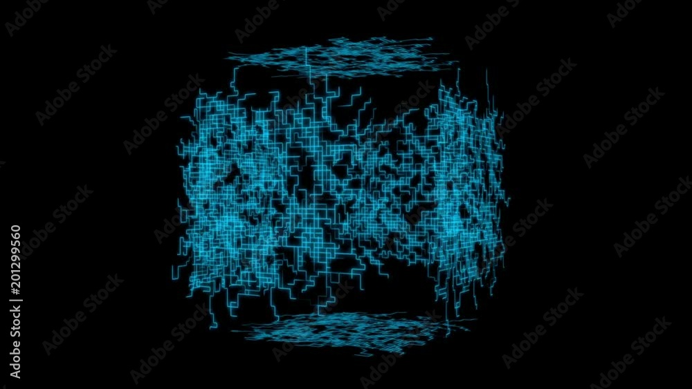 A rotating cube formation with blue grids (Loop).