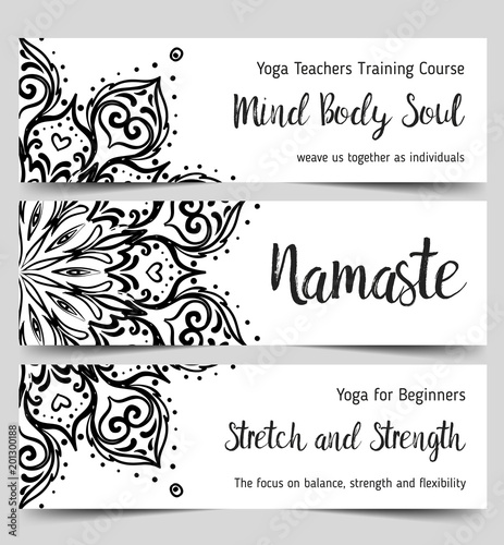Stretch and Strength. Yoga card design template. Black and white banner for spiritual retreat or yoga studio. Ornamental business cards, oriental pattern.