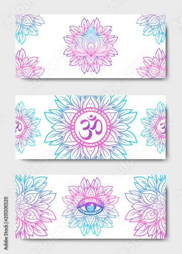 Yoga mat design set. Colorful template for spiritual retreat or yoga studio. Indian floral paisley pattern. Vector illustration. Ethnic Mandala towel. Vector