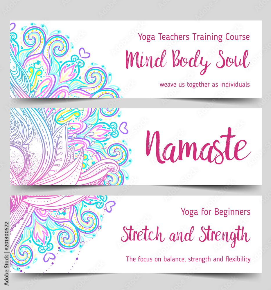 Stretch and Strength. Yoga card design. Colorful template for spiritual retreat or yoga studio. Ornamental business cards, oriental pattern. Stretch and Strength. Yoga card design. Colorful template for spiritual retreat or yoga studio. Ornamental business cards, oriental pattern.