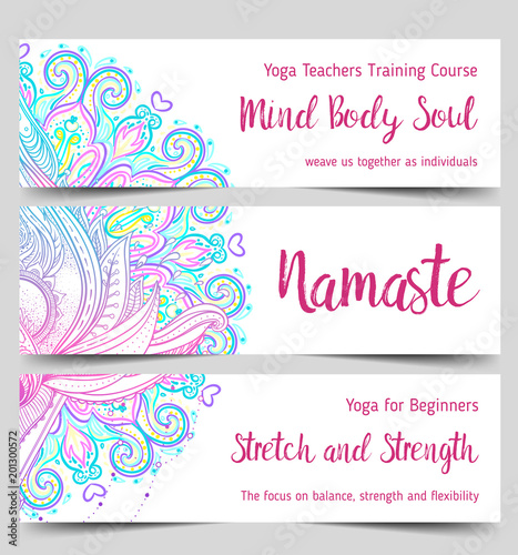 Stretch and Strength. Yoga card design. Colorful template for spiritual retreat or yoga studio. Ornamental business cards, oriental pattern.