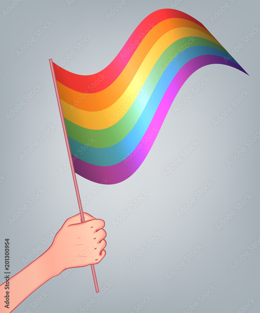 Fototapeta premium Love is Love. Human hand holding flag of LGBT community on flagstaff. Vector illustration in rainbow color for sticker, poster, patch, t-shirt, pin.