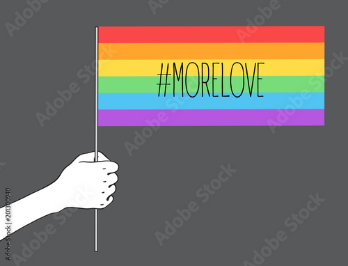 Love is Love. Human hand holding flag of LGBT community on flagstaff. Vector illustration in rainbow color for sticker, poster, patch, t-shirt, pin.