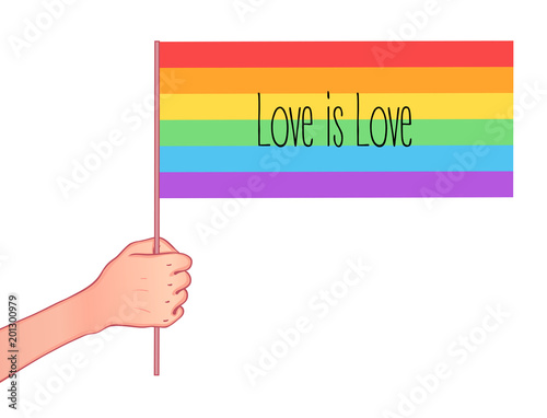 Love is Love. Human hand holding flag of LGBT community on flagstaff. Vector illustration in rainbow color for sticker, poster, patch, t-shirt, pin.