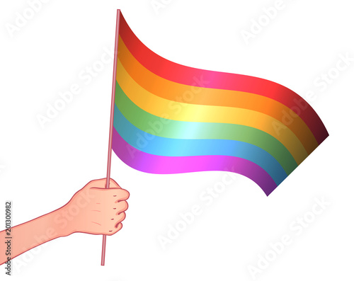 Love is Love. Human hand holding flag of LGBT community on flagstaff. Vector illustration in rainbow color for sticker, poster, patch, t-shirt, pin.