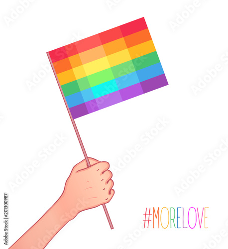 Love is Love. Human hand holding flag of LGBT community on flagstaff. Vector illustration in rainbow color for sticker, poster, patch, t-shirt, pin.