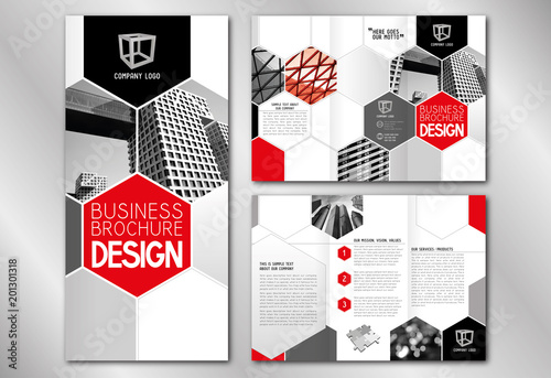 Business trifold brochure template (A4 to DL format) - modern office buildings/ skyscrapers, red graphics.