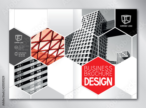 Business brochure template (A4 format - front and back cover) - modern office buildings/ skyscrapers, red graphics - great for annual report.