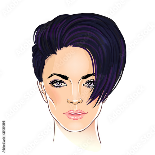 Portrait of a young pretty woman with short pixie cut. Purple hair. Vector illustration isolated on white. Hand drawn art of a modern girl. Modern street subculture