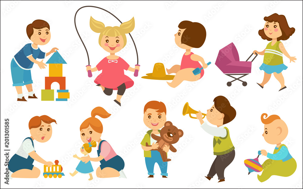 Kids children playing toys and games on playground vector cartoon