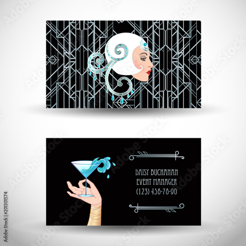 Female hand holding cocktail glass with  splash. Art deco (1920's style) vintage invitation template design for drink list, bar menu, glamour event, thematic wedding, jazz party flyer.