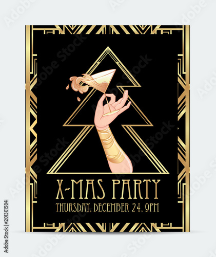 Female hand holding cocktail glass with  splash. Art deco (1920's style) vintage invitation template design for drink list, bar menu, glamour event, thematic wedding, jazz party flyer.