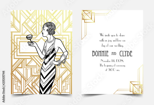 Art Deco vintage invitation template design. patterns and frames. Retro party geometric background set (1920's style). Vector illustration,  thematic wedding or jazz party.