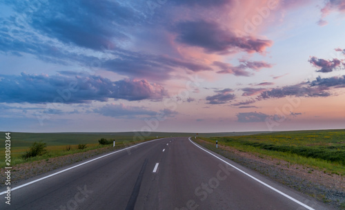 Empty asphalt road through the beautiful field on sunset